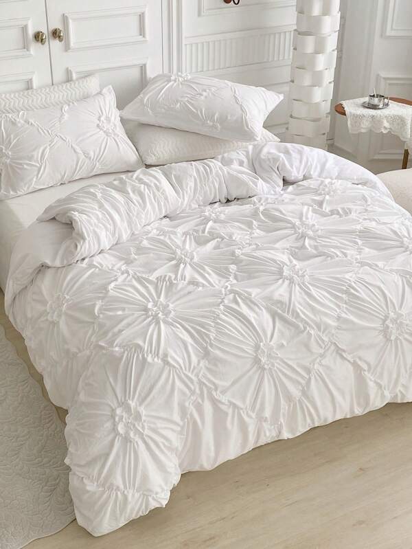 3pcs White Pleated Ruffle Floral Duvet Cover Set, Simple Luxury Modern Polyester Bedding Set, Soft & Breathable For All Seasons