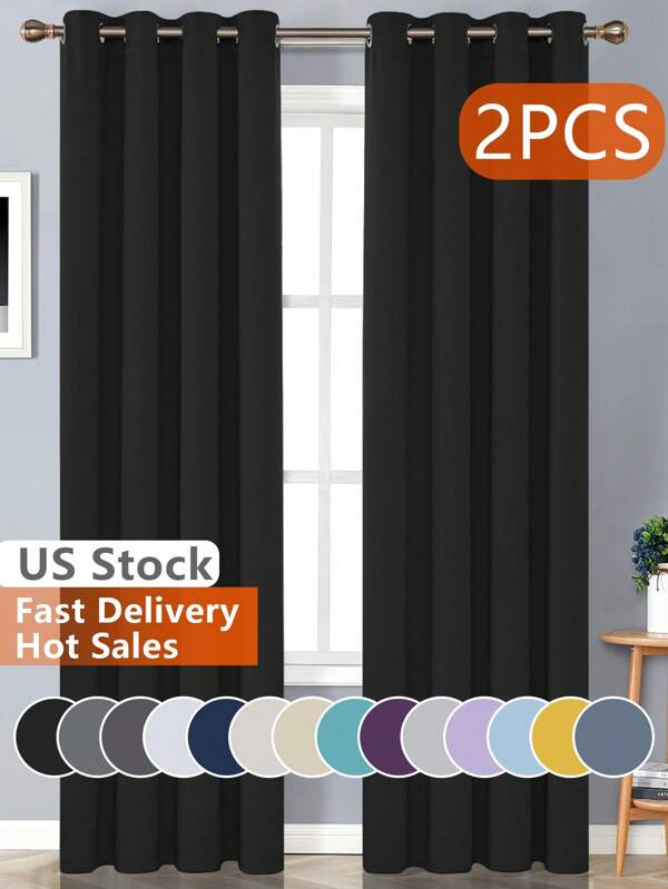 Estelar Textiler 2pcs Black Blackout Curtains With Metal Rings, Thermal Insulated Window Curtains For Bedroom And Living Room
