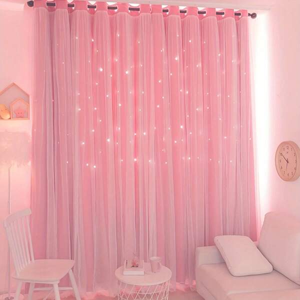 1pc Hollow Star Double Layer Voile Curtain, Top Ring, Cute Hollow Star Sheer Curtain, Suitable For Bedroom Blackout Curtain, Living Room Curtain, Themed Room Curtain And Holiday Party Decor