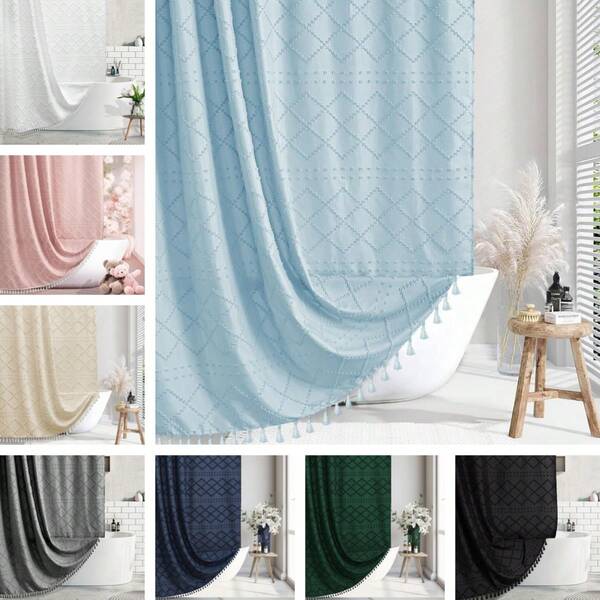 1pc Bohemian White Woven Fabric Shower Curtain With Tassels, 72" X 72", Modern Farmhouse Minimalist Style, Plush Chevron Retro Texture, Waterproof Curtain For Bathroom, Hotel Decor Room Decor Bathroom Accessories