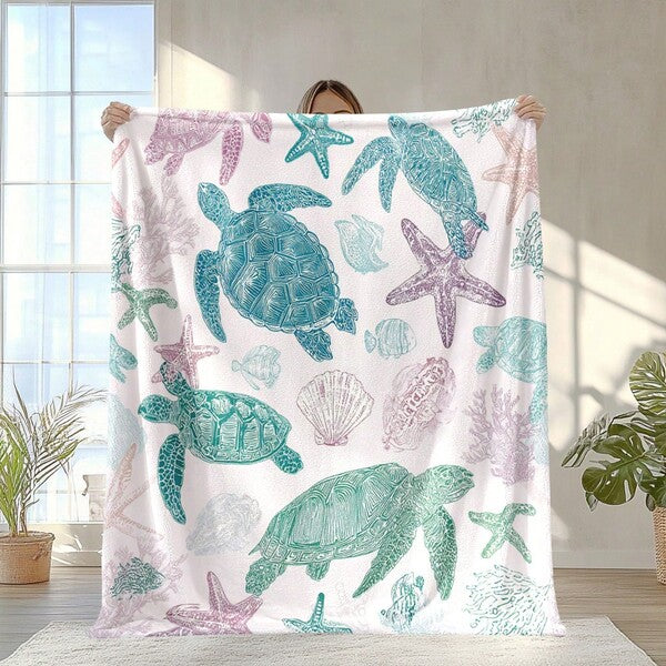 Adorable Sea Turtle Coral Pattern Flannel Blankets Throws Sofa Towel Soft Comfortable Throws Blankets Birthday Gifts Family Holiday Daily Couple Party Anniversary Wedding Souvenir Halloween Christmas Graduation Season Thanksgiving Bed Sofa