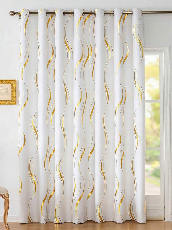 1pc Elegant Soft High-Precision Foil Wave Textured Curtain, Thermal Insulation Eyelet Top Design Blackout Curtain, Suitable For Bedroom/Living Room/Home Decor, Luxurious Gold Curtain