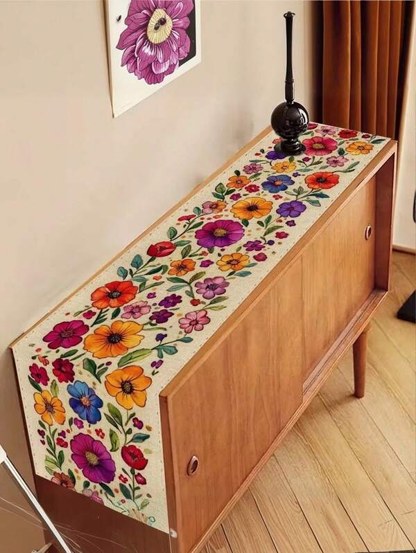1pc Spring Floral Table Runner - Multicolor Beige And Poppy Daisy Violet Clover - Durable Polyester Fabric Easy Clean Tablecloth Suitable For Kitchen, Dining Room, Office, Coffee Table