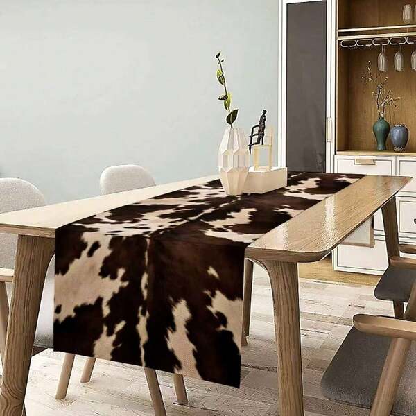 Western Style Cow Print Table Runner, Brown Leatherette Cowboy Runner With Rustic Farmhouse Cottage Decor, Suitable For Home, Kitchen, Dining, 13x35/13x47/13/57/13x72/13x90/13x108 Inches