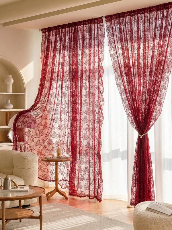 1pc French Countryside Floral Lace Trim Curtain Sheer For Living Room, Bedroom, Dining Room Decor