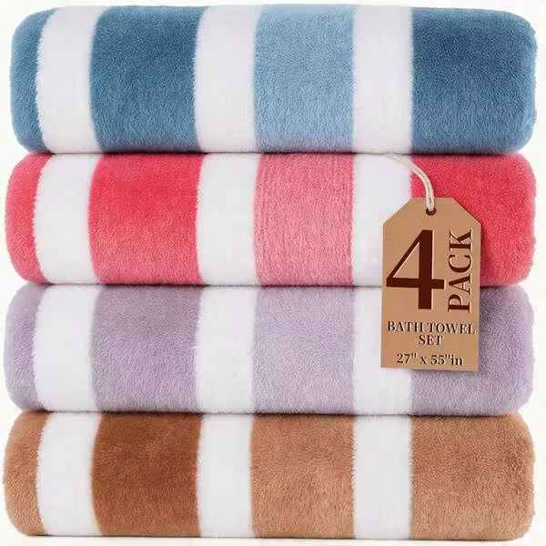 4pcs Pack Bath Towel & Beach Towel Set, 27"X55" Microfiber, Ultra-Soft & Absorbent, 290gsm,Super Soft Five-Star Hotel Standard Two-Color Striped, Ideal Bathroom Supplies For Family Essentials