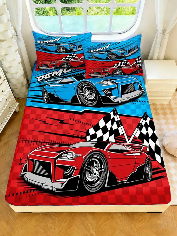 2/3pcs Red & Blue Racing Car Plaid Print Bed Sheets, Polyester Fabric, Suitable For Boys' Bedroom Daily Use, Kids Room Decor, All Season, Children's Birthday Gift