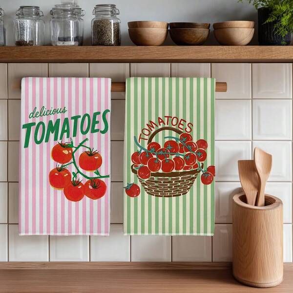 2PCS Kitchen Towels Striped Tomato Print Microfiber Kitchen Towels, Modern Minimalist Style 40*60cm Rectangular Dish Cloth, Tablecloth, Hand Towel, Kitchen Decor, Neighbor Housewarming Gift, Kitchen Napkins And Dish Cloths, Home Decor